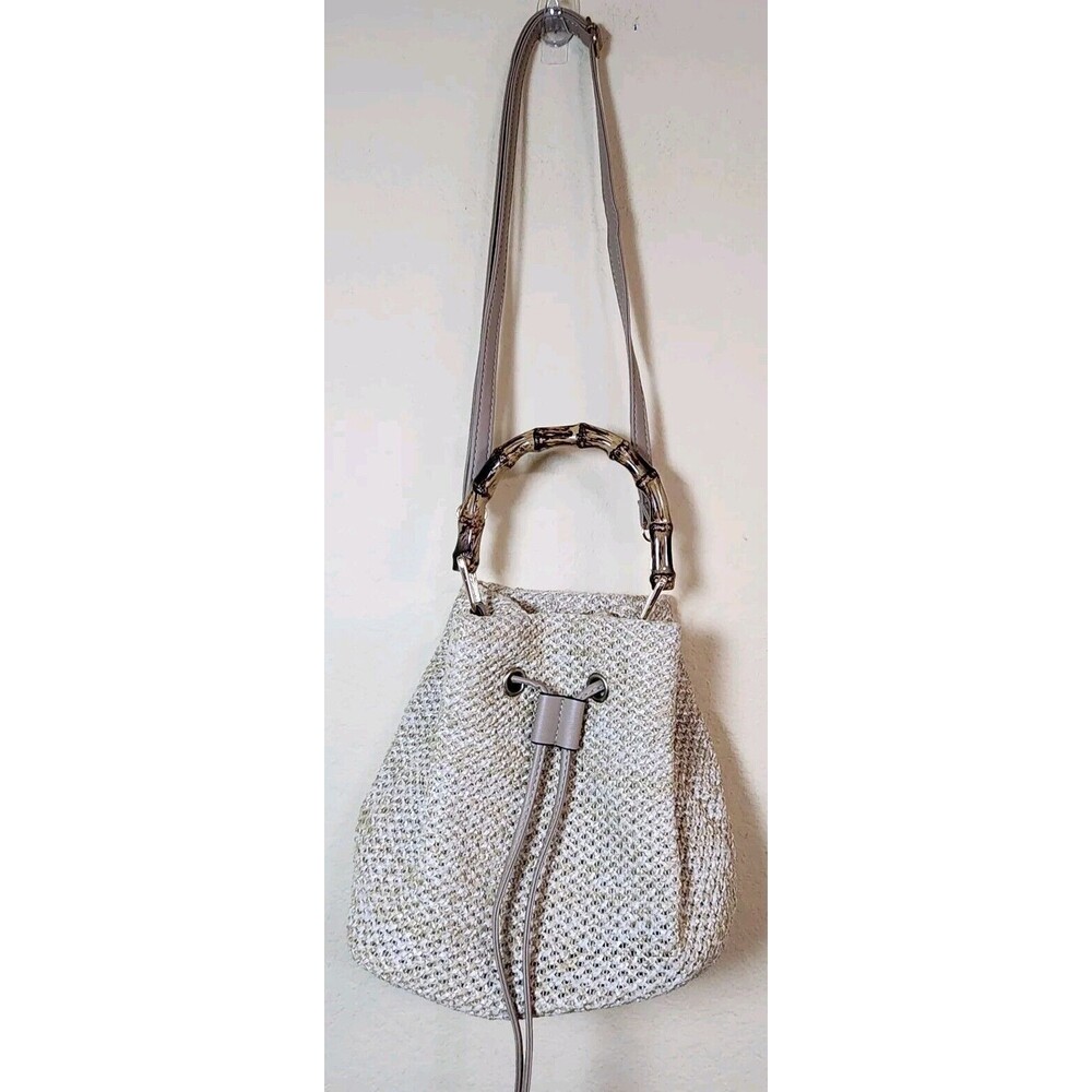 Cream Shoulder Bucket Bag Straw Rafia Leather Drawstring Hobo Beach Bamboo Boho